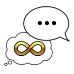 Spraakwolk met puntjes en gedachtenwolk met een autismelogo (oneindigheidssymbool). Autistische consultatie, autistische mensen zijn geraadpleegd of hebben input gegeven maar waren niet de maker.