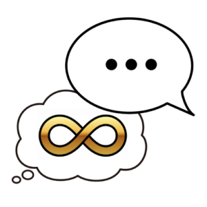 Spraakwolk met puntjes en gedachtenwolk met een autismelogo (oneindigheidssymbool). Autistische consultatie, autistische mensen zijn geraadpleegd of hebben input gegeven maar waren niet de maker.