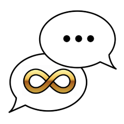 Autistische betrokkenheid: spraakwolk met autismesymbool (oneindigheidssymbool) en spraakwolk met 3 stippen. Inhoudelijke autistische betrokkenheid bij het maakproces.